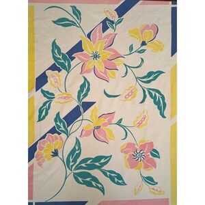 Vintage Tablecloth Large Pink Blue Yellow Flowers Tropical Bold Print